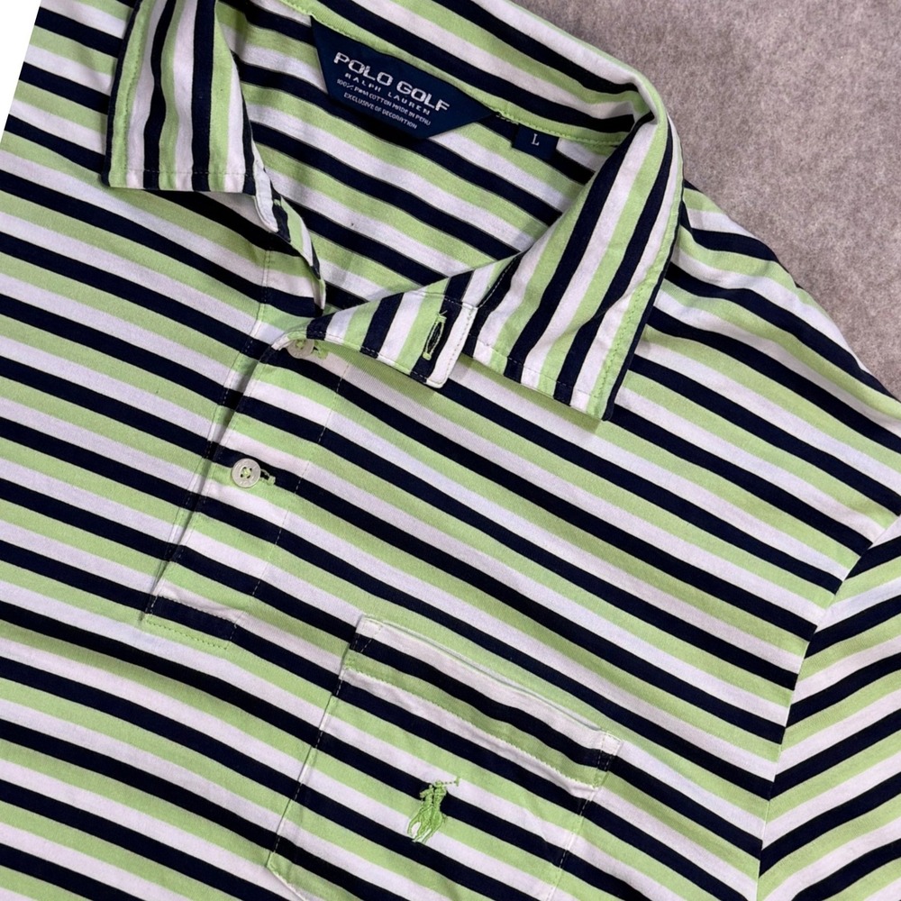 Polo Golf Ralph Lauren Large Green Navy Striped Pima Cotton Polo Shirt L Vintage